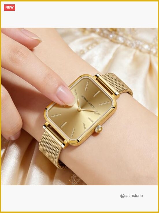 Gold Vintage Rectangular Dress Watch Analog Quartz Stainless Steel Bracelet